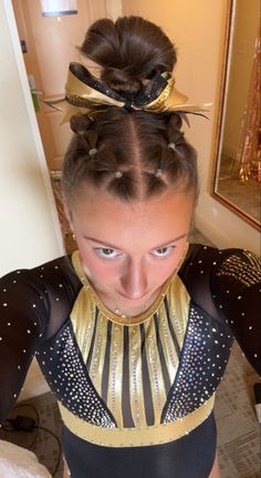 Best Cheer Hairstyles, Cute Gymnastics Hairstyles For Practice, Meet Day Hairstyles Gymnastics, Gymnast Meet Hair, Easy Hair For Gymnastics, Ncaa Gymnastics Hair, Hair For Competition, Short Gymnastics Hairstyles, Bubble Braid Gymnastics Hair