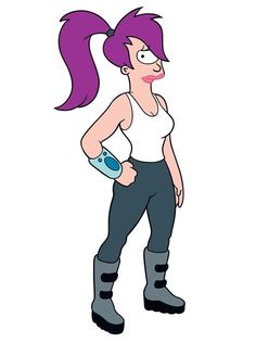 cartoon character with purple hair and black pants, holding a blue object in her hand