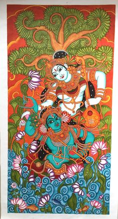 VEDA COLLECTIONS: 9. MURAL ON CANVAS Kerala Mural Painting On Canvas, Aari Drawing, Mythology Drawing, Lotus Artwork, Buddha Painting Canvas