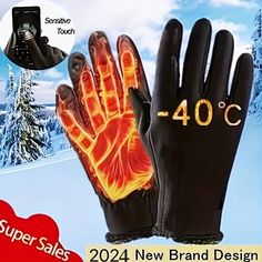 a pair of black gloves with red flames on them and the words super sales written in gold