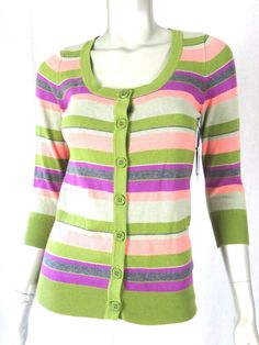 FOREVER 21, Size is S/P, NWT, Cotton/Nylon, U-Neck, Colorful Stripes, 3/4 Sleeves Cardigan, Green/Pinks/Gray, Pretty Sweater, In NWT Cond. Dimensions in inches- article measured laying down flat without stretching from side to side: Length from shoulder to hem- 23.5” Bust- 16” Waist- 18” Bottom- 14"