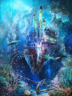 an underwater castle surrounded by corals and other marine life is featured in this painting