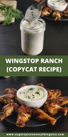 two plates with chicken wings, ranch and copycat recipe in them on the same plate