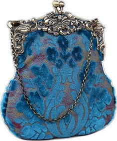 Burnout Velvet Aqua Blue Chatelaine Purse Large carpet bag MCW Handmade Blue Retro Evening Bag, Retro Blue Evening Bags, Retro Blue Bags For Formal Occasions, Blue Satchel Evening Bag For Formal Occasions, Blue Satchel Evening Bag For Formal Events, Vintage Blue Rectangular Shoulder Bag, Vintage Blue Bag With Removable Pouch, Vintage Blue Evening Bag For Formal Occasions, Formal Blue Handmade Bags