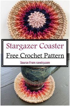 two crocheted coasters with the text stargazer coaster free crochet pattern