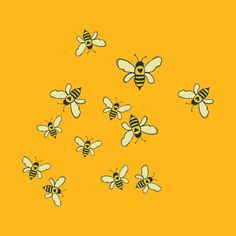 a bunch of bees that are flying in the air on a yellow background with black and white outlines