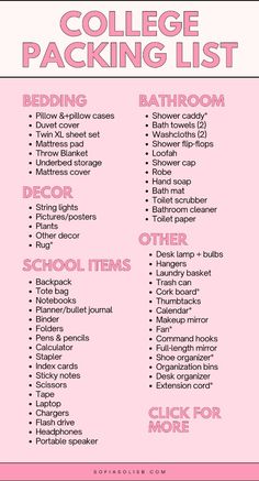 the college packing list is shown in pink