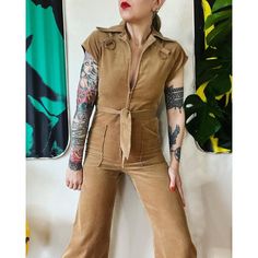 Vintage 70s Tan Fine Wale Corduroy Raglan Sleeve, Bell Leg, Zip Front Jumpsuit - Thrilling Vintage Jumpsuit, Fringe Jacket, Notch Collar, Black Fringe, Vintage 70s, Raglan Sleeve, Front Zipper, Jumpsuits For Women, Military Jacket