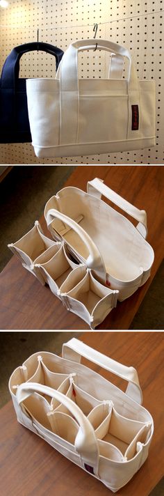 three different views of purses on display in a store, one is open and the other has closed