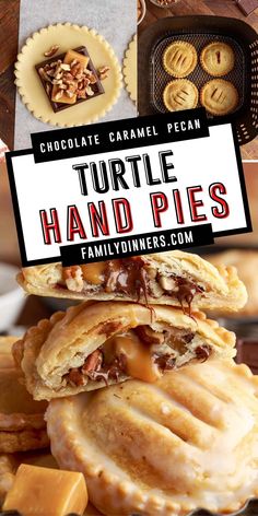 chocolate caramel pecan turtle hand pies are stacked on top of each other