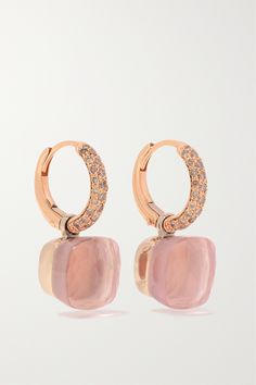 Milanese flair underscores Pomellato's romantic fine jewelry. Crafted by the diligent and steady hands of in-house artisans, these 'Nudo' earrings are cast from 18-karat rose and white gold and encrusted with light-catching diamonds. They suspend chunky chalcedony and rose quartz drops, intended to reflect the duality of feminine energy. Luxury Pink Diamond Earrings, Elegant Pink Jewelry With Pave Setting, Elegant Rose Gold Earrings With Pave Setting, Elegant Pink Jewelry With Rose Cut Diamonds, Designer Pave Setting Jewelry, Luxury Rose Gold Briolette Jewelry, Luxury Rose Gold Earrings For Everyday, Luxury Gemstone Earrings, Elegant Rose Gold Earrings With Polished Finish