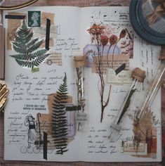 an open book with various plants and writing on the pages next to scissors, pens and other items