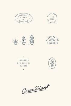 the logos for green plant are drawn in black and white, with different font styles