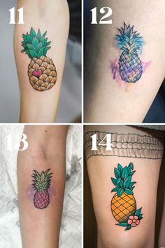 four different pictures of pineapple tattoos on the legs and leg, with numbers below them