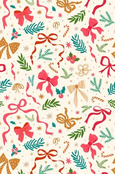 a christmas pattern with bows, holly leaves and other holiday decorations on a white background