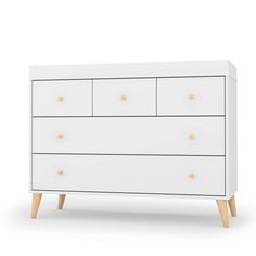 a white dresser with three drawers and two wooden legs in front of a white background