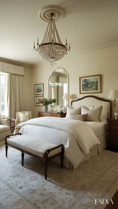 a bedroom with a chandelier hanging from the ceiling and a bed in front of a window