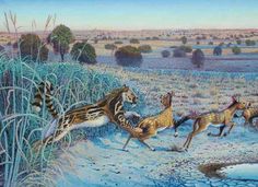 a painting of some animals running in the wild together, and one is chasing another animal