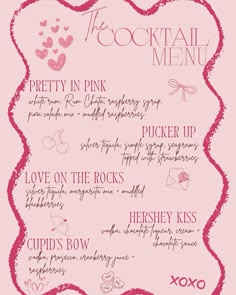 the cocktail menu is pink and has hearts on it