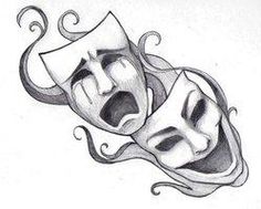 a drawing of two masks with faces in the middle and one on top of each other