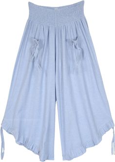 A pair of cropped pants, culottes, featuring a smocked elastic waistband, 2 front tie pockets, and tie ruffle leg opening made from oxford cotton chambray fabric.  The front pockets come with a functional tie-up string that gives it a bohemian look. #tlb #WideLegCulottes #Pocket #vacationclothing #beachwrap #bohemianfashion #BlueCulottePants #CottonCulottes #Widelegpants Spring Bottoms With Gathered Waist For Daywear, Spring Bottoms With Gathered Waist For Day Out, Spring Cotton Culottes With Elastic Waistband, Solid Cotton Bottoms With Ruffles, Light Blue Bottoms With Elastic Waistband For Spring, Summer Cotton Culottes With Elastic Waistband, Cotton Bottoms With Gathered Waist For Daywear, Spring Wide Leg Bloomers With Elastic Waistband, High-waisted Cotton Culottes For Summer