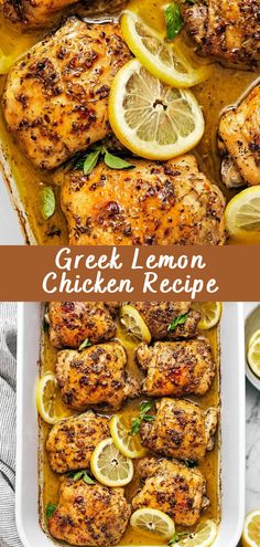 chicken with lemons and herbs in a white casserole