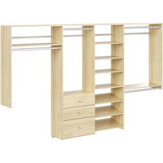 an open closet with shelves and drawers on the bottom shelf, in front of a white background