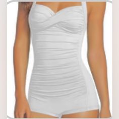 One-Piece, White, Halter, Ruched, Tummy Control, Boy Leg, Size Xl, Never Worn White Ruched One-piece Swimwear, White Sleeveless Ruched Swimwear, White Chic Fitted Tankini, Chic White Fitted Tankini, Elegant White Fitted Tankini, Fitted White Tankini With Lined Body, White Fitted Tankini With Lined Body, Elegant White Sleeveless Tankini, Elegant White Stretch Tankini