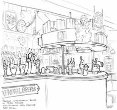 a drawing of a bar with lots of bottles on the counter and people behind it