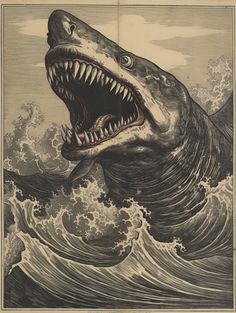 a drawing of a shark with it's mouth open and teeth wide open in the water