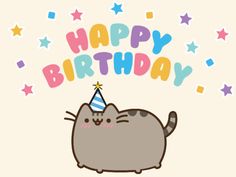 a gray cat with a party hat on its head and the words happy birthday written above it