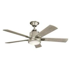 a ceiling fan that is on top of a white wall and has two blades in it