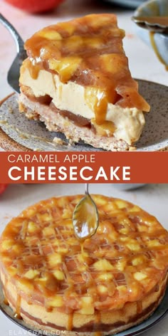 caramel apple cheesecake on a plate with a spoon