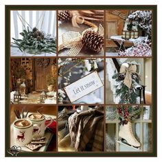 a collage of photos with christmas decorations and coffee mugs in them, including pine cones, stockings, snowflakes, sleigh