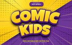 an advertisement for comic kids with purple and yellow lettering on the front, in bright colors