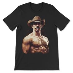 Rugged Cowboy Fantasy Tee - Bold & Unapologetic Graphic T-Shirt - Hunky Tops#color_black Black Short Sleeve Western Style Top, Black Graphic Print Top For Rodeo, Black Short Sleeve Western Tops, Black Western Crew Neck Top, Black T-shirt For Rodeo In Summer, Black Western Top With Graphic Print, Black T-shirt For Summer Rodeo, Black Western Style Cotton T-shirt, Cowboy Graphic Tees