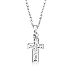 Ross-Simons - C. 1960 Vintage .17ct t. w. Diamond Cross Pendant Necklace. 18". C. 1960. From our Estate collection, a timeless symbol of faith. This classic cross necklace has modern appeal, as .17 ct. t. w. round brilliant-cut diamonds sparkle in an open-space 18kt white gold pendant. Suspends from a 14kt white gold cable chain. Lobster clasp, diamond cross pendant necklace. Exclusive, one-of-a-kind Estate Jewelry. Diamond birthstones are the perfect gift for April birthdays. Classic Diamond Cross Necklace For Formal Occasions, Classic Diamond Cut Cross Necklace For Formal Occasions, Classic Formal Cross Necklace With Diamond Cut, Classic Diamond Accents Cross Pendant Necklace, Classic Diamond Cut Cross Necklace, Classic Cross Diamond Cut Necklace, Formal Crucifix Necklace With Brilliant Cut, Formal Brilliant Cut Crucifix Necklace, Classic Diamond Cut Cross Necklace In White Gold