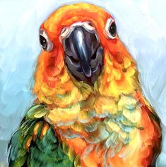 a painting of a colorful parrot sitting on top of a tree branch