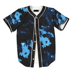 Blue Baseball Jersey With Sublimation Print For Streetwear, Casual Blue Baseball Jersey With Letter Print, Blue Baseball Jersey With Collar For Streetwear, Blue Baseball Jersey With Letter Print For Streetwear, Black Sublimation Design Jersey With Baseball Collar, Black Graphic Print Sublimation Design For College, Blue Cotton Baseball Jersey For Streetwear, Casual Blue Sublimation Shirt With Baseball Collar, Casual Blue Baseball Jersey For Streetwear