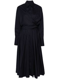 navy blue poplin texture wrap design classic collar front button fastening concealed side zip fastening rear tie fastening box-pleat detail to the rear long sleeves buttoned cuffs flared skirt straight hem ankle-length Viktor & Rolf, Maxi Dress Blue, Ankle Length, Flare Skirt, Day Dresses, Fashion Branding, Short Dresses, Colorful Dresses, Dress Outfits