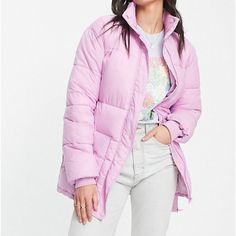 Gorgeous Pink Color Gives This Puffer A Super Girly Vibe Trendy Purple Outerwear, Trendy Purple Hooded Outerwear, Casual Purple Puffer Jacket For Fall, Purple Puffer Jacket For Fall And Cold Weather, Purple Long Sleeve Outerwear For Cold Weather, Purple Outerwear For Cold Weather In Spring, Purple Hooded Outerwear For Spring, Fitted Purple Winter Outerwear, Long Sleeve Purple Outerwear For Cold Weather