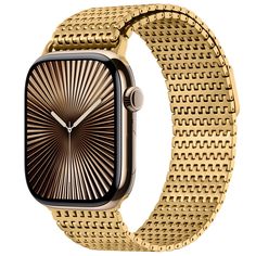 an apple watch with gold woven band