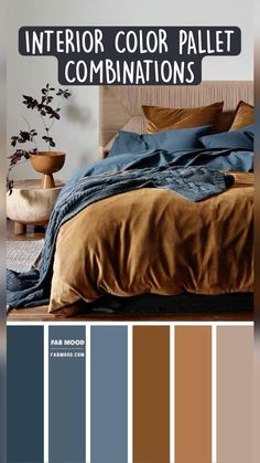 a bedroom with brown and blue colors in the bedding, along with two vases