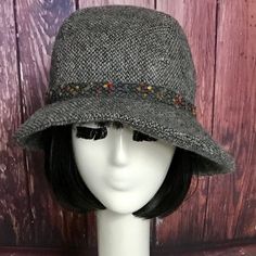 Cloche Hat- Grey Tweed Wool With Grey Band All Grey Different From The Photo ,Asymmetrical Brim, Lined In Rayon Print, The Hat Has A 3 Section Fitted Top And A One Piece Asymmetrical Brim. And Has A Cotton Band Inside. This Hat Is One Size Fits All And Will Fit 21" - 23" Head Size. All Of Bella Starr Hats Are Made And Designed From My Drafted Original Patterns. Bella Starr Hats Are Made With Vintage Wools, Buttons And Come In Limited Quantities. Caring For Your Hat: Dry Clean Only Adjustable Tweed Hat For Winter, One Size Wide Brim Cloche Hat For Fall, One Size Fall Wide Brim Cloche Hat, Fall Wide Brim Cloche Hat, Casual Fitted Cloche Hat For Fall, Fall Tweed Hat With Short Brim, Casual Tweed Hat With Curved Brim, Fitted Tweed Hat For Fall, Fitted Tweed Fall Hat