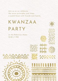 a white and gold party card with geometric designs