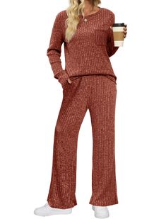 PRICES MAY VARY. Fashion Design 2024: Cozy Sweater Sets/ Lounge Sets for Women/ Long Sleeve Pullover Tops+ Wide Leg Pants/ Solid Color/ Sweat Suits for women set/ Loungewear / Drawstring Waist/ High Waist/ Loose Fit/ Jogger Set/ Christmas Outfits/ Casual ✦Effortless Style: Embrace the art of effortless style with this ensemble. The relaxed fit and soft ribbed fabric create a laid-back yet polished look, perfect for those who want to exude confidence while feeling comfortable throughout the day. Round Neck Long Sleeve Top, Cozy Pajamas, Top And Pants Set, Elegant Sets, Denim Gift, Basic Style, Two Piece Outfit, Dress Collection, Long Sleeve Top