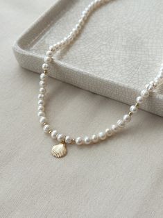 Beaded Pearl Necklace With Sea Shell Charm, Baroque Pearl Necklace, Freshwatet Pearl Shell Charm Necklace, Summer Jewelry, Beachy Necklace - Etsy Beachy Pearl Necklace, Pearl Beach Necklace, Pearl Necklace With Charms, Handmade Jewelry Pearls, Pearl Necklace With Charm, Elegant Pearl Shell Necklace With Round Beads, Elegant Gold Shell Necklace With Round Beads, Beaded Necklace With Baroque Pearl And Pearl Charm, Beaded Necklace With Baroque Pearl Charm