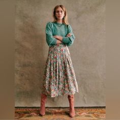 Lovely Sezane Jade Skirt. Feminine Relaxed Skirt For Fall, Feminine Fall Lined Skirt, Feminine Fall Midi Skirt, Feminine Lined Skirt For Fall, Feminine Midi Skirt For Fall, Feminine Fall Ruffled Skirt, Green Floral Print Skirt For Fall, Feminine Flowy Maxi Skirt For Fall, Feminine Tiered Skirt For Fall