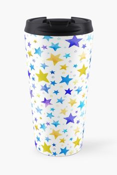 a travel mug with colorful stars on the front and sides, all over white background