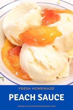 fresh homemade peach sauce in a bowl with text overlay that reads, fresh homemade peach sauce